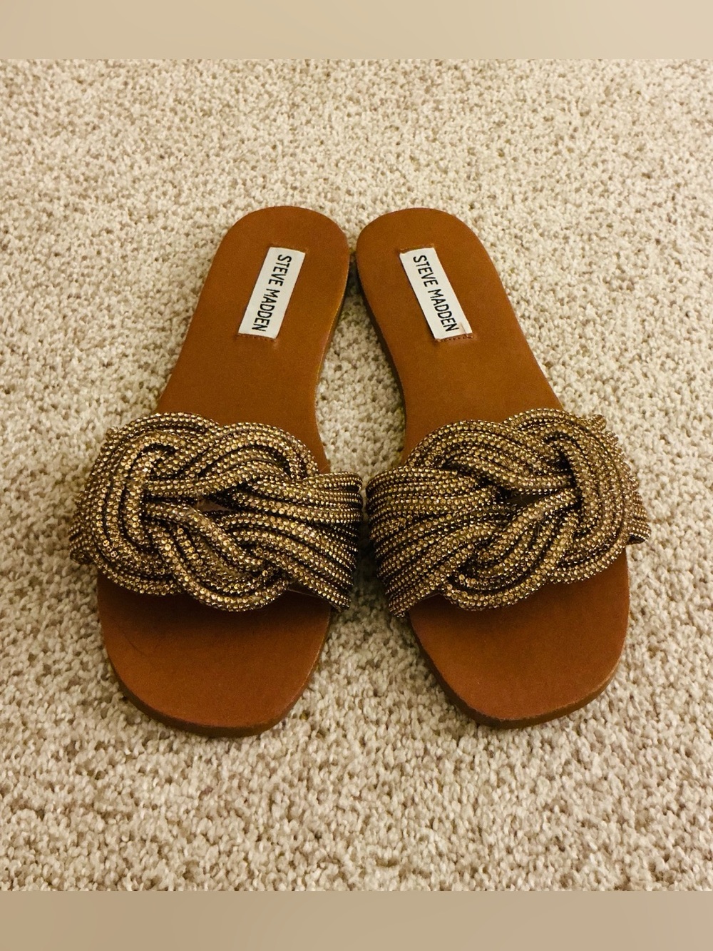 Steve Madden Adore Metallic Gold Rhinestone Braided Slides with box